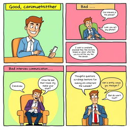 A comic strip depicting a humorous interview scenario illustrating both good and bad communication