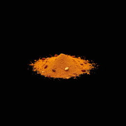 A medium amount of paprika powder featuring very fine pieces of dried and ground red bell pepper skin along with dried red pepper seeds visible, scattered in a heap on the ground