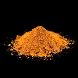 A medium amount of paprika powder featuring very fine pieces of dried and ground red bell pepper skin along with dried red pepper seeds visible, scattered in a heap on the ground