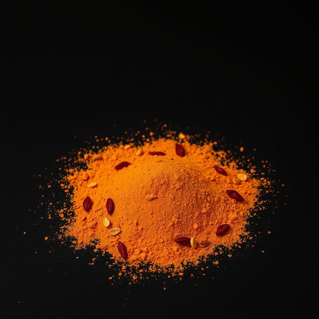 A medium amount of paprika powder featuring very fine pieces of dried and ground red bell pepper skin along with dried red pepper seeds visible, scattered in a heap on the ground