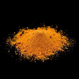 A medium amount of paprika powder featuring very fine pieces of dried and ground red bell pepper skin along with dried red pepper seeds visible, scattered in a heap on the ground
