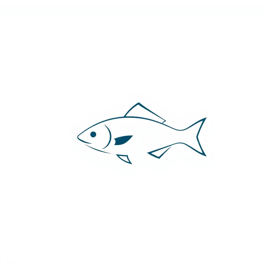 A minimalist logo design featuring a simple, stylized fish on a white background