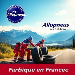 A vibrant advertisement poster for Allopneus featuring a dynamic scene with workers in Allopneus uniforms changing tires on a roadside