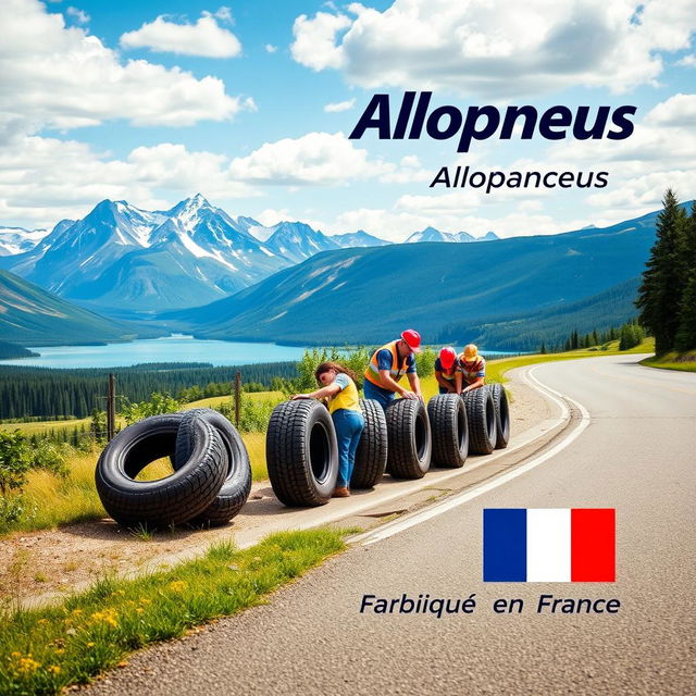 A vibrant advertisement poster for Allopneus featuring a dynamic scene with workers in Allopneus uniforms changing tires on a roadside