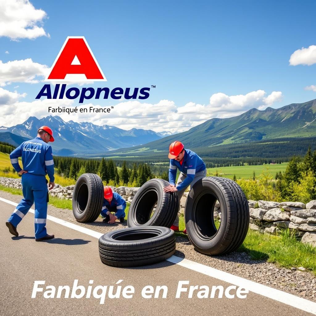 A vibrant advertisement poster for Allopneus featuring a dynamic scene with workers in Allopneus uniforms changing tires on a roadside