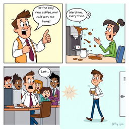 A lighthearted comic strip set in an office environment, featuring diverse co-workers engaging in humorous activities and interactions