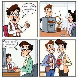 A lighthearted comic strip set in an office environment, featuring diverse co-workers engaging in humorous activities and interactions