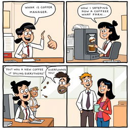 A lighthearted comic strip set in an office environment, featuring diverse co-workers engaging in humorous activities and interactions