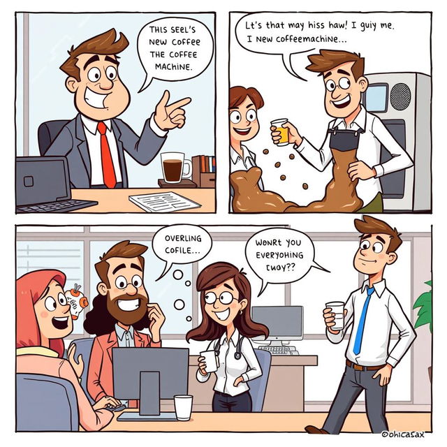 A lighthearted comic strip set in an office environment, featuring diverse co-workers engaging in humorous activities and interactions