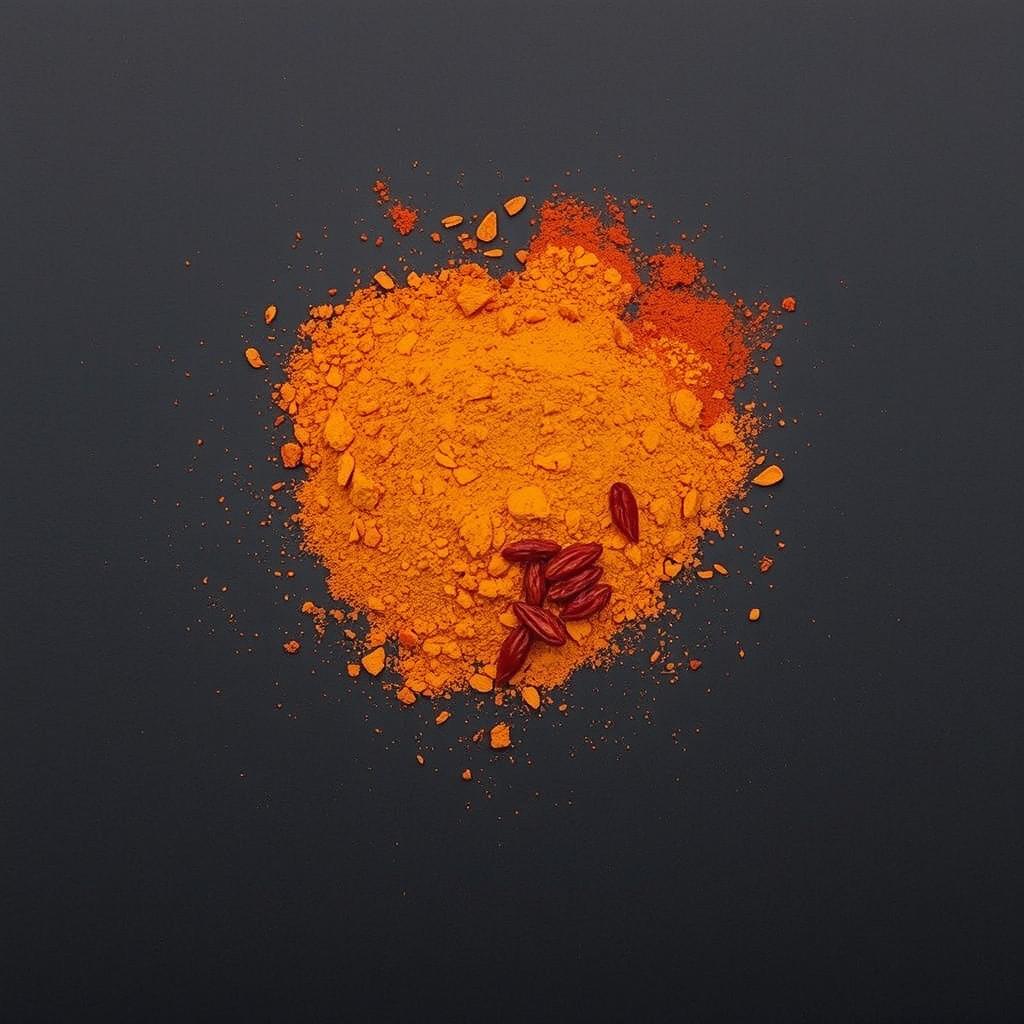 A medium amount of paprika powder with a small quantity of dried and ground red bell pepper skin along with dried red pepper seeds visible, scattered in a heap on the ground