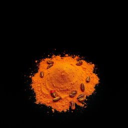 A medium amount of paprika powder with a small quantity of dried and ground red bell pepper skin along with dried red pepper seeds visible, scattered in a heap on the ground