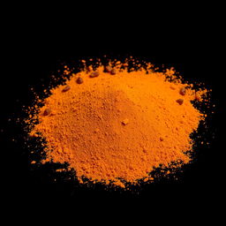 A medium amount of paprika powder with a small quantity of dried and ground red bell pepper skin along with dried red pepper seeds visible, scattered in a heap on the ground
