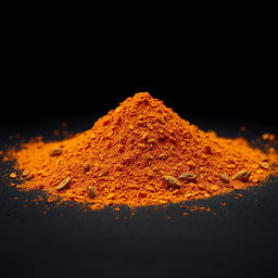 A medium amount of paprika powder with a small quantity of dried and ground red bell pepper skin along with dried red pepper seeds visible, scattered in a heap on the ground