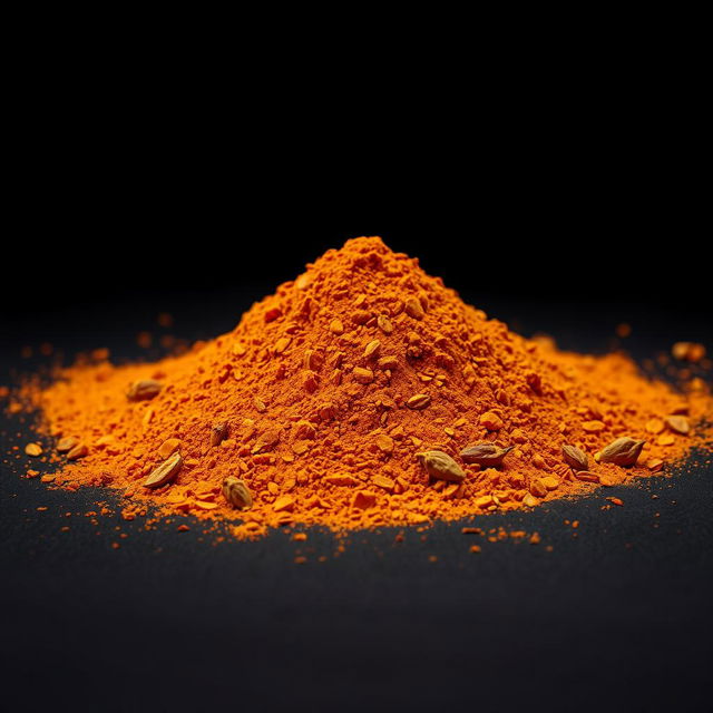 A medium amount of paprika powder with a small quantity of dried and ground red bell pepper skin along with dried red pepper seeds visible, scattered in a heap on the ground