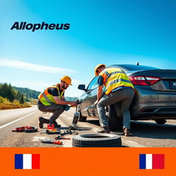 A vibrant Canadian advertising poster for the tire company Allopneus, featuring workers in high-visibility vests and safety gear changing a car tire on the roadside