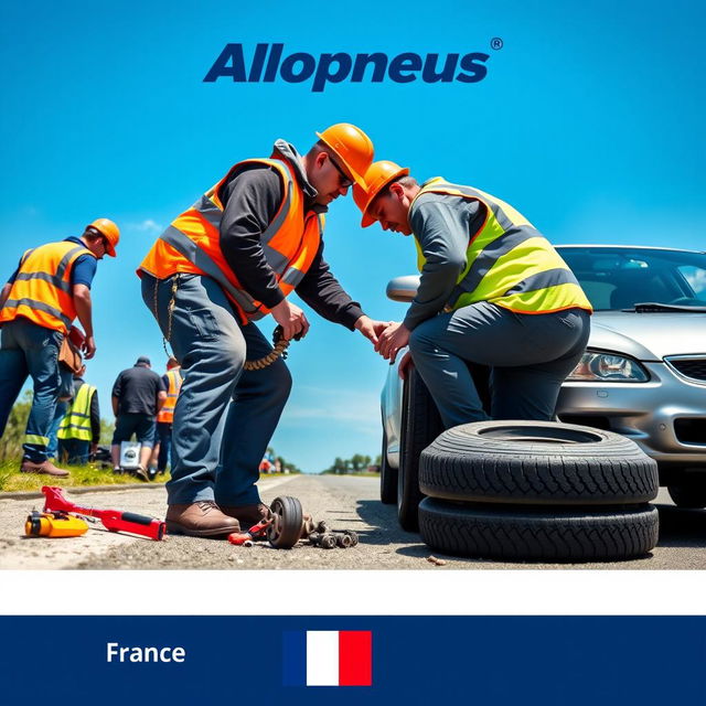 A vibrant Canadian advertising poster for the tire company Allopneus, featuring workers in high-visibility vests and safety gear changing a car tire on the roadside