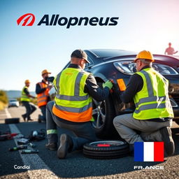 A vibrant Canadian advertising poster for the tire company Allopneus, featuring workers in high-visibility vests and safety gear changing a car tire on the roadside