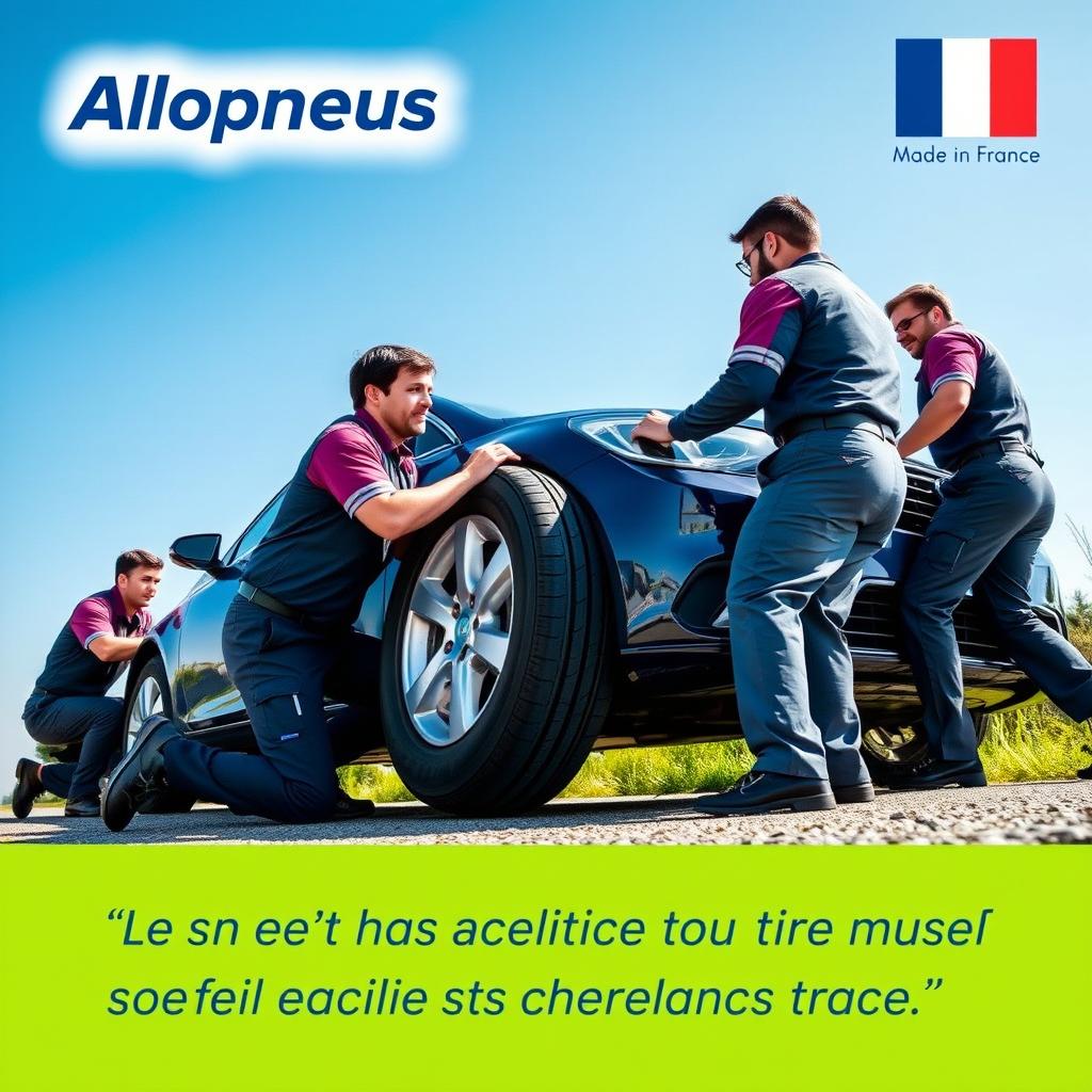 A vibrant advertising poster for the company Allopneus, showcasing several employees diligently changing a car tire on the roadside