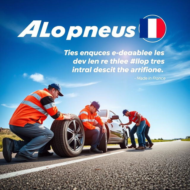 A vibrant advertising poster for the company Allopneus, showcasing several employees diligently changing a car tire on the roadside