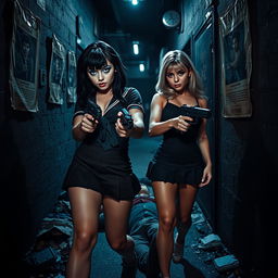 A striking photographic scene in a narrow, dark, dimly lit alleyway cluttered with garbage, featuring old 'Wanted' posters on the walls