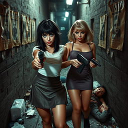 A striking photographic scene in a narrow, dark, dimly lit alleyway cluttered with garbage, featuring old 'Wanted' posters on the walls