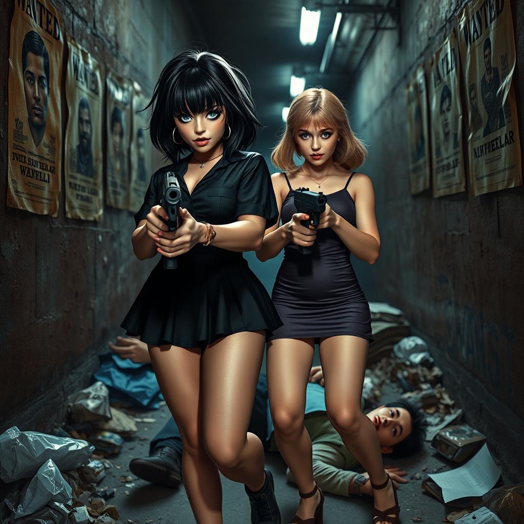 A striking photographic scene in a narrow, dark, dimly lit alleyway cluttered with garbage, featuring old 'Wanted' posters on the walls