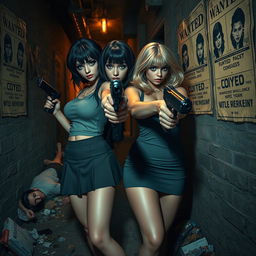 A striking photographic scene in a narrow, dark, dimly lit alleyway cluttered with garbage, featuring old 'Wanted' posters on the walls