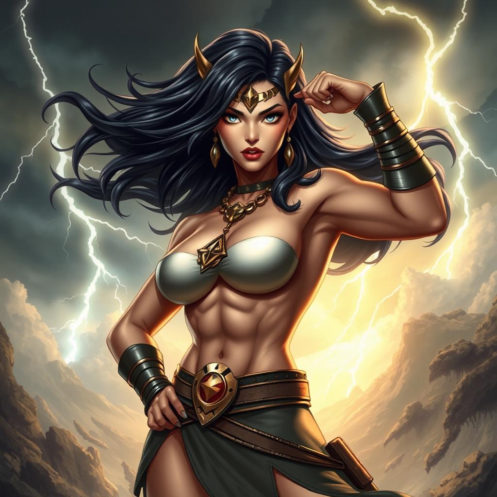 A powerful depiction of a confident woman inspired by superhero themes, featuring a strong physique, flowing black hair, and a heroic pose