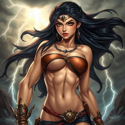 A powerful depiction of a confident woman inspired by superhero themes, featuring a strong physique, flowing black hair, and a heroic pose