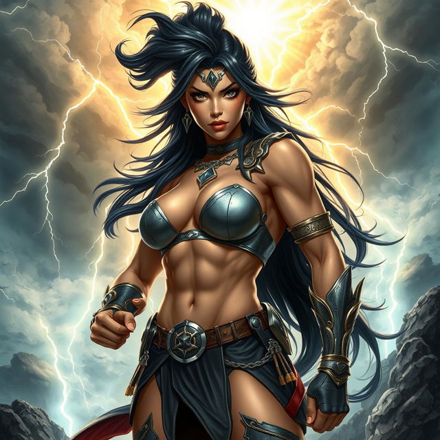 A powerful depiction of a confident woman inspired by superhero themes, featuring a strong physique, flowing black hair, and a heroic pose