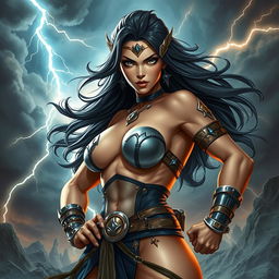 A powerful depiction of a confident woman inspired by superhero themes, featuring a strong physique, flowing black hair, and a heroic pose