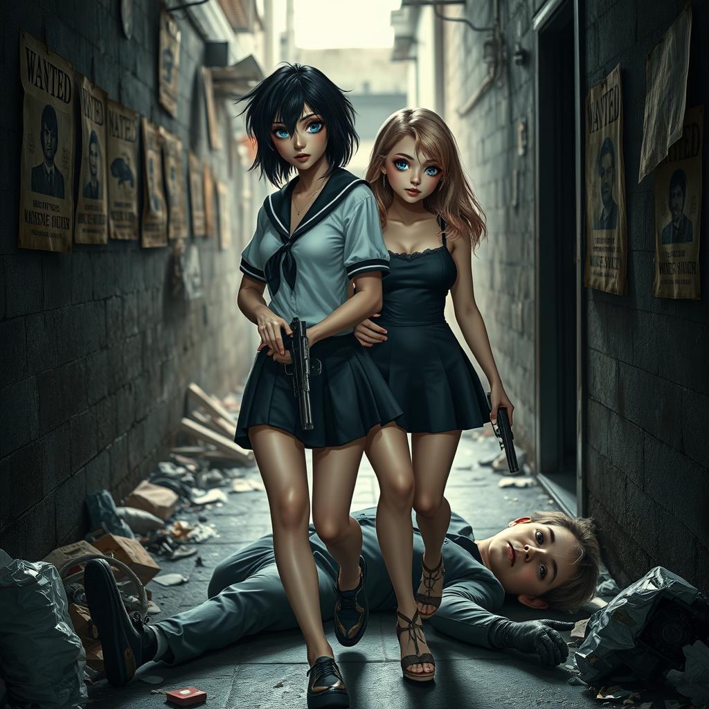 A captivating photographic image set in a narrow, dimly lit alleyway cluttered with garbage, featuring old 'Wanted' posters adorning the walls