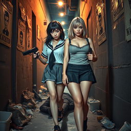 A captivating photographic image set in a narrow, dimly lit alleyway cluttered with garbage, featuring old 'Wanted' posters adorning the walls