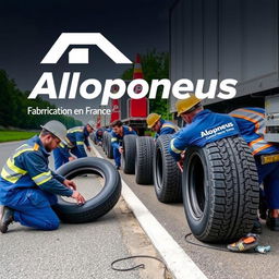 A promotional advertisement for Allopneus, featuring workers from the company changing tires on a roadside