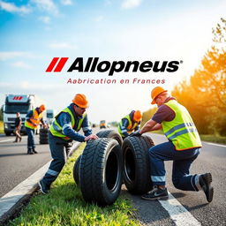 A promotional advertisement for Allopneus, featuring workers from the company changing tires on a roadside