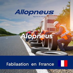 A promotional advertisement for Allopneus, featuring workers from the company changing tires on a roadside