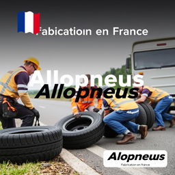A promotional advertisement for Allopneus, featuring workers from the company changing tires on a roadside