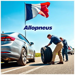 A vibrant advertising poster for Allopneus featuring workers from the company changing tires on a car by the roadside