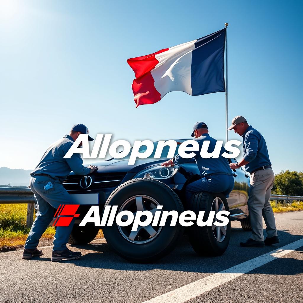 A vibrant advertising poster for Allopneus featuring workers from the company changing tires on a car by the roadside