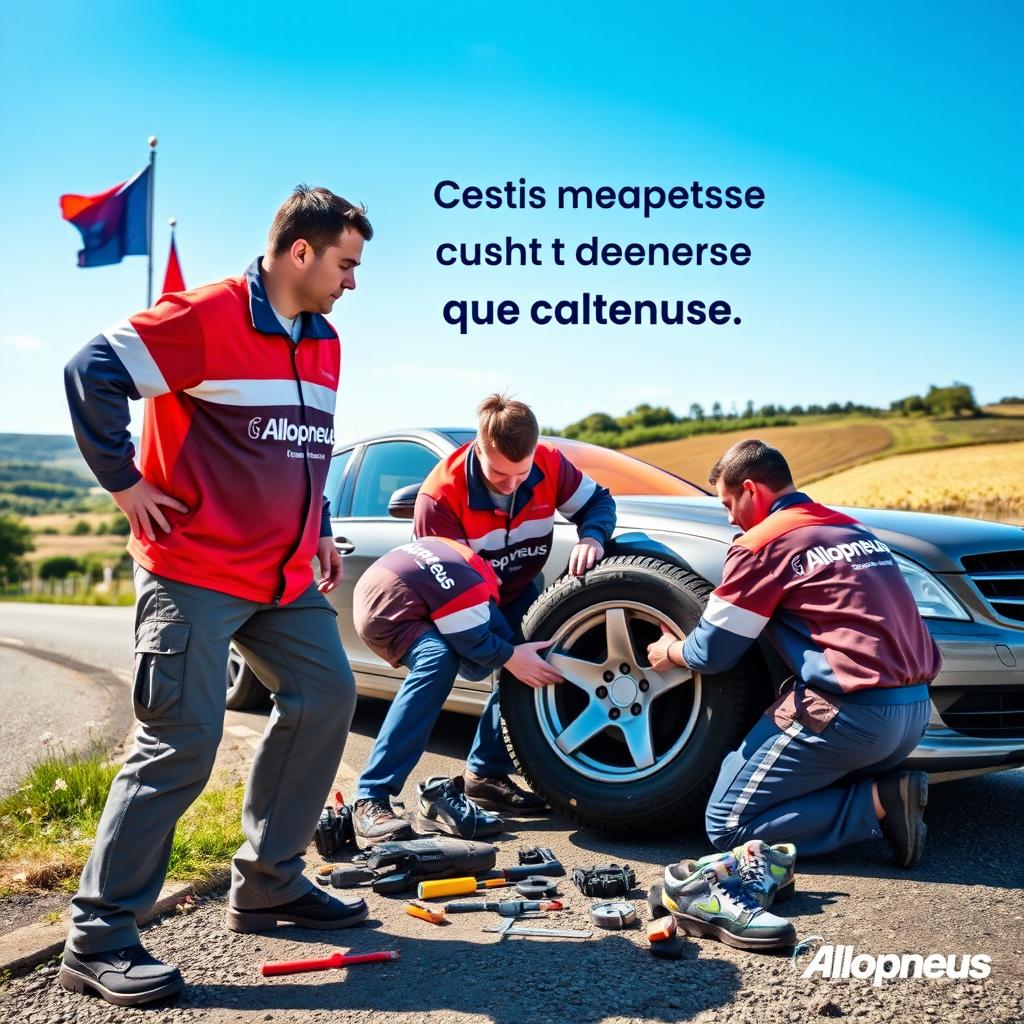 A vibrant advertisement for the company Allopneus, showcasing a dynamic scene where workers are changing a car tire on the side of the road