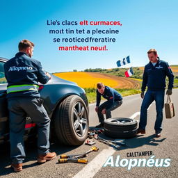 A vibrant advertisement for the company Allopneus, showcasing a dynamic scene where workers are changing a car tire on the side of the road