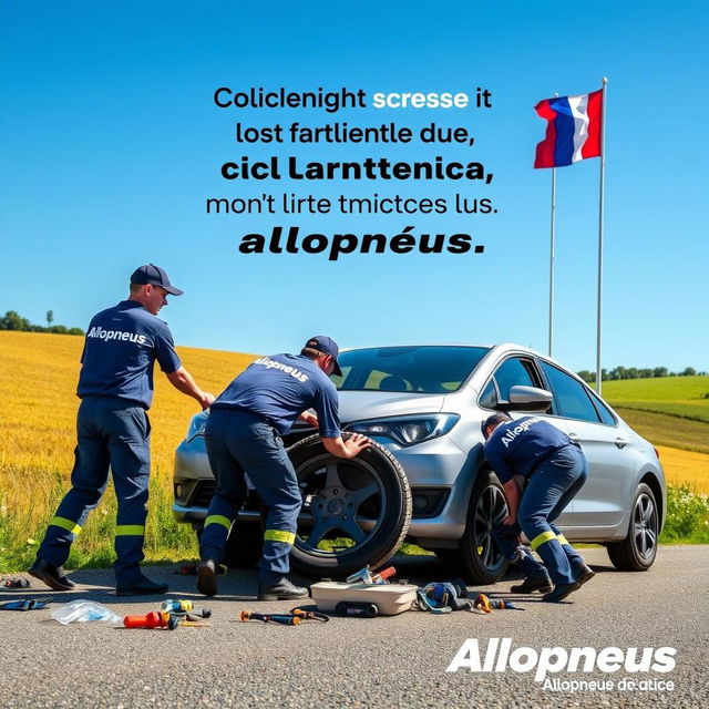 A vibrant advertisement for the company Allopneus, showcasing a dynamic scene where workers are changing a car tire on the side of the road