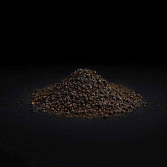 An image of a mound of black pepper powder spilled on the ground, with no other objects present in the scene