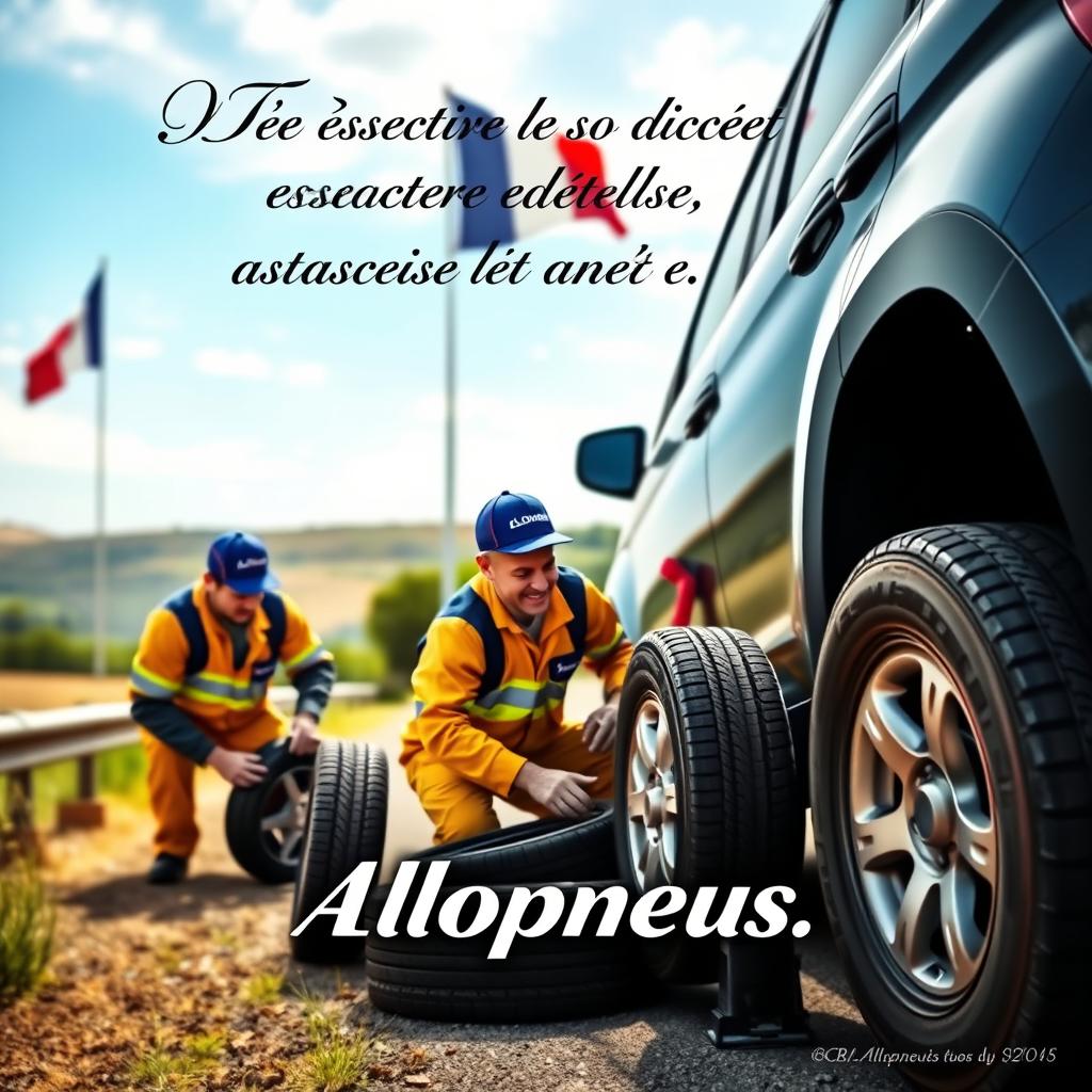 A vibrant and engaging advertisement for Allopneus, depicting a team of workers changing tires on a roadside