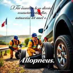 A vibrant and engaging advertisement for Allopneus, depicting a team of workers changing tires on a roadside