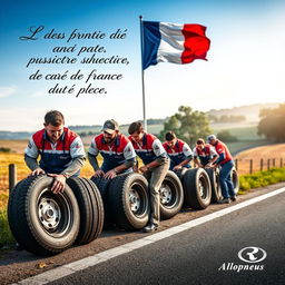A vibrant and engaging advertisement for Allopneus, depicting a team of workers changing tires on a roadside