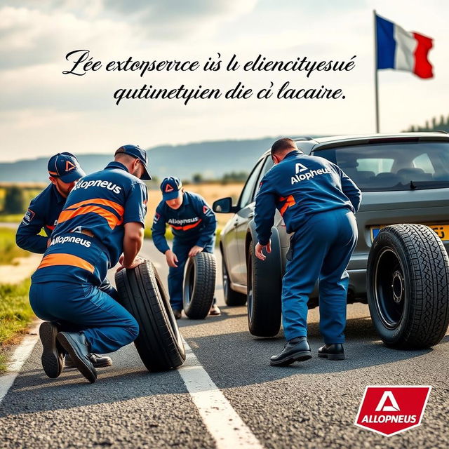 A vibrant and engaging advertisement for Allopneus, depicting a team of workers changing tires on a roadside