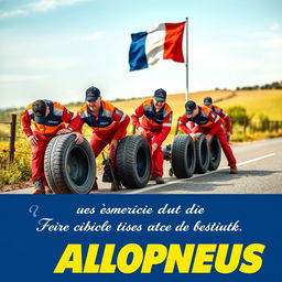 A vibrant and engaging advertisement for Allopneus, depicting a team of workers changing tires on a roadside