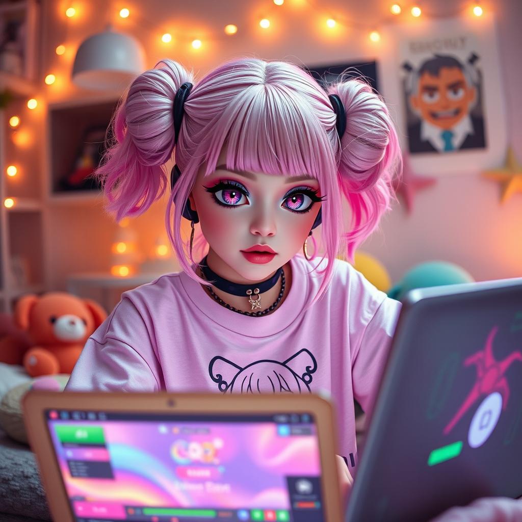 A stylish egirl with pastel pink hair styled in space buns, large expressive eyes with colorful makeup, wearing a graphic oversized t-shirt with a cute anime print and a layered choker necklace