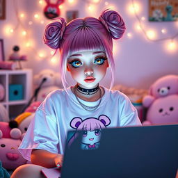 A stylish egirl with pastel pink hair styled in space buns, large expressive eyes with colorful makeup, wearing a graphic oversized t-shirt with a cute anime print and a layered choker necklace